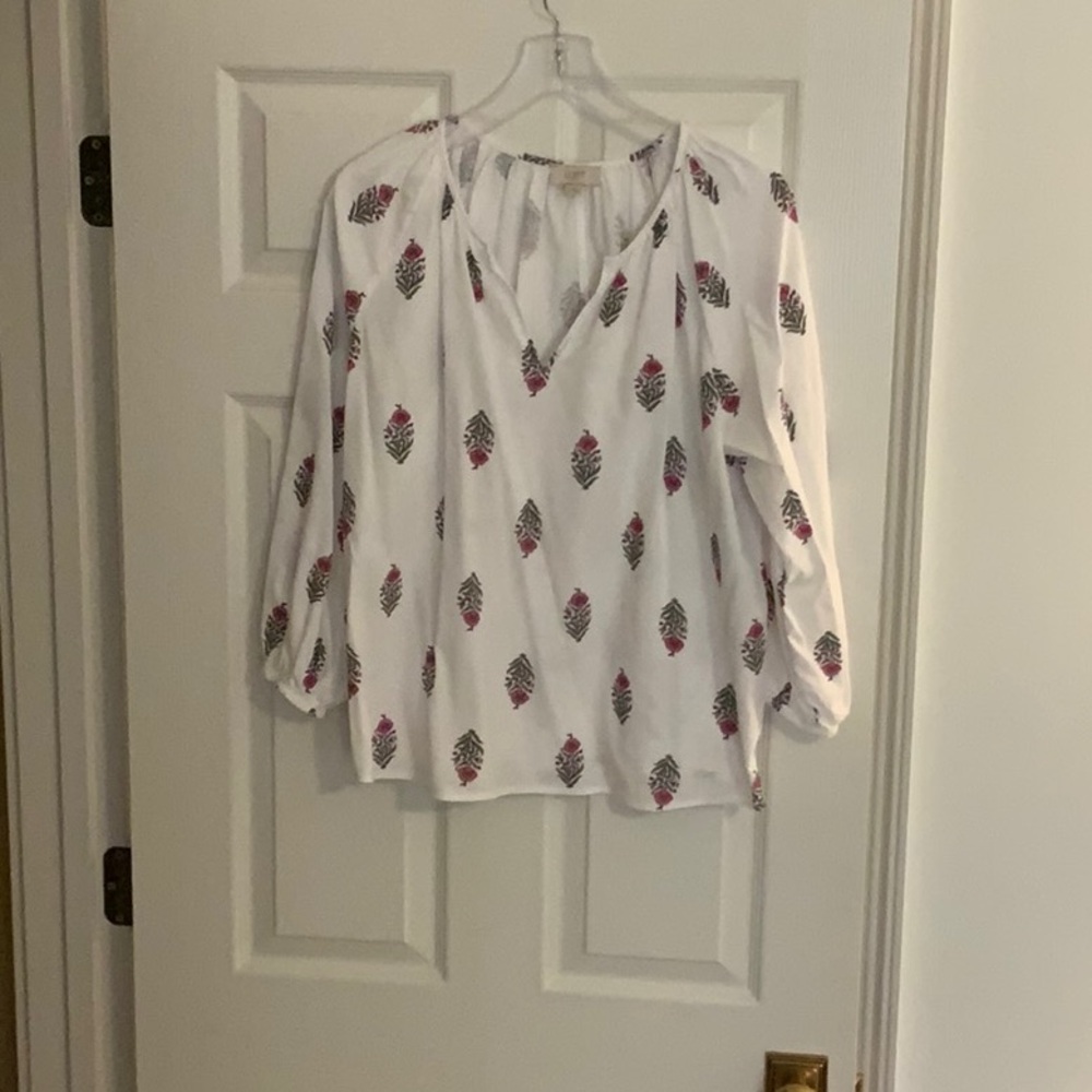 White and Pink Leaf Print Women's Top